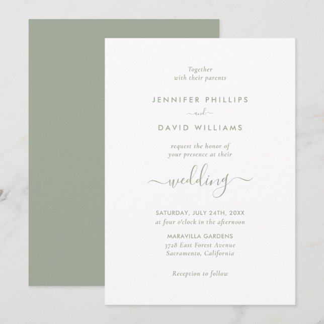 Elegant Modern Script Sage Green Wedding Invitation (Front/Back)