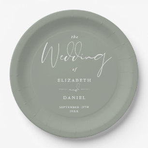 Elegant Modern Script Sage Green Wedding Paper Plate