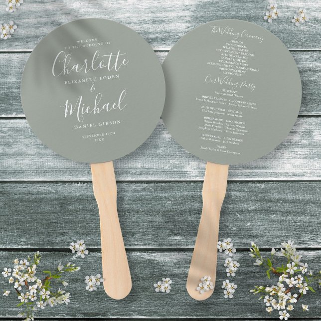 Elegant Modern Script Sage Green Wedding Program Hand Fan (Elegant Modern Script Sage Green Wedding Program Hand Fan)