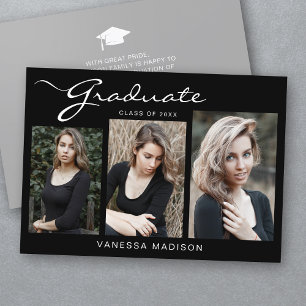 Elegant Modern Script Simple   3 Photo Graduation Announcement