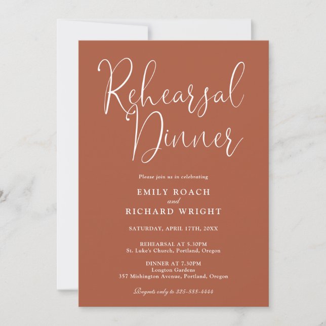 Elegant Modern Script Terracotta Rehearsal Dinner Invitation (Front)