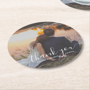 elegant modern script thank you wedding photo   round paper coaster