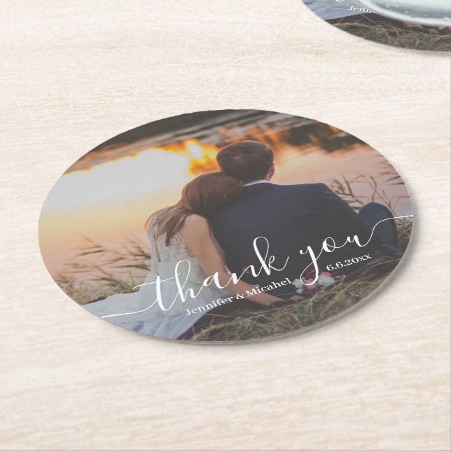 elegant modern script thank you wedding photo   round paper coaster (Angled)