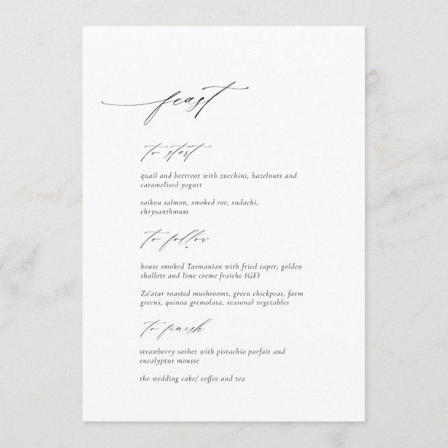 Elegant Modern Script Wedding Menu Card (Front)