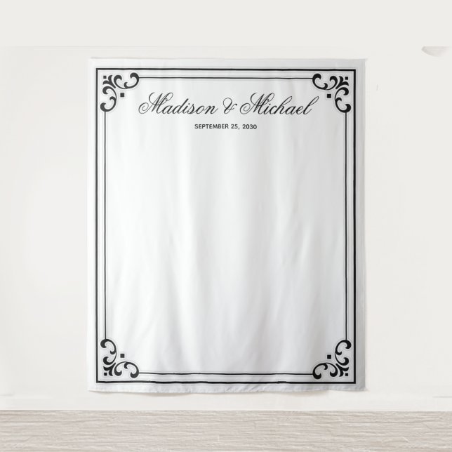 Elegant Modern Script Wedding Photo Booth Backdrop Tapestry (Front)