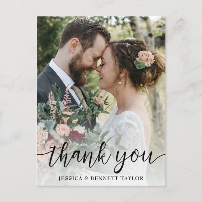 Elegant Modern Script Wedding Photo Thank You Postcard (Front)