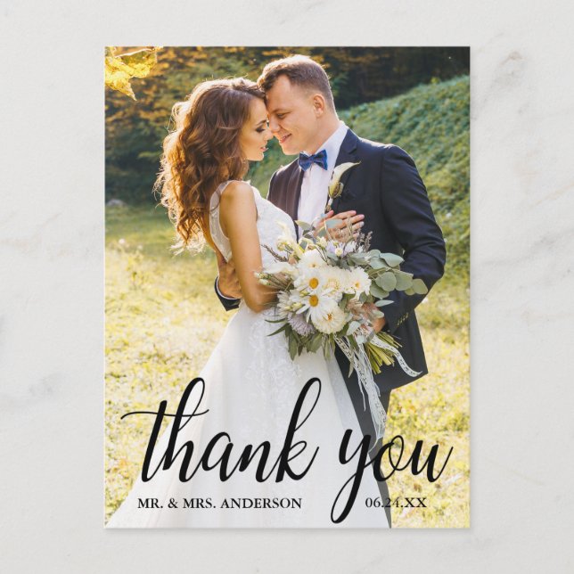 Elegant Modern Script Wedding Photo Thank You Postcard (Front)