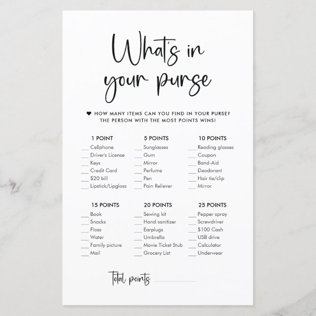 Elegant Modern Script | What's In Your Purse Game (Front)