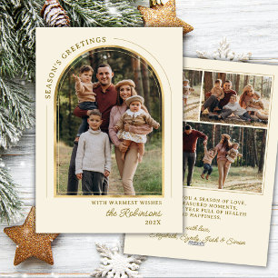 Elegant Modern Seasons Greetings Gold Arch 4 Photo Holiday Card