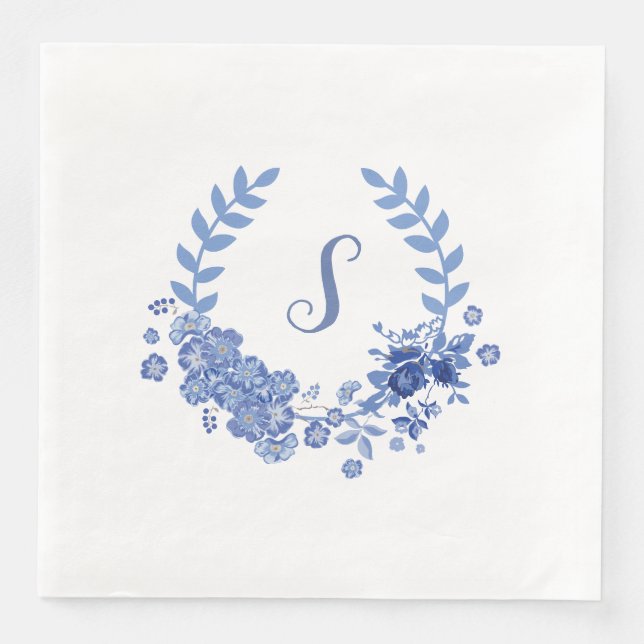 Elegant Modern Shabby Chic Blue Floral Napkin (Front)