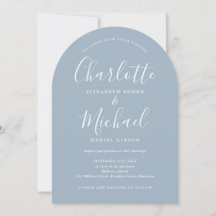 Elegant Modern Signature Dusty Blue Arch Wedding Invitation