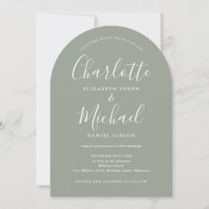 Elegant Modern Signature Sage Green Arch Wedding Invitation