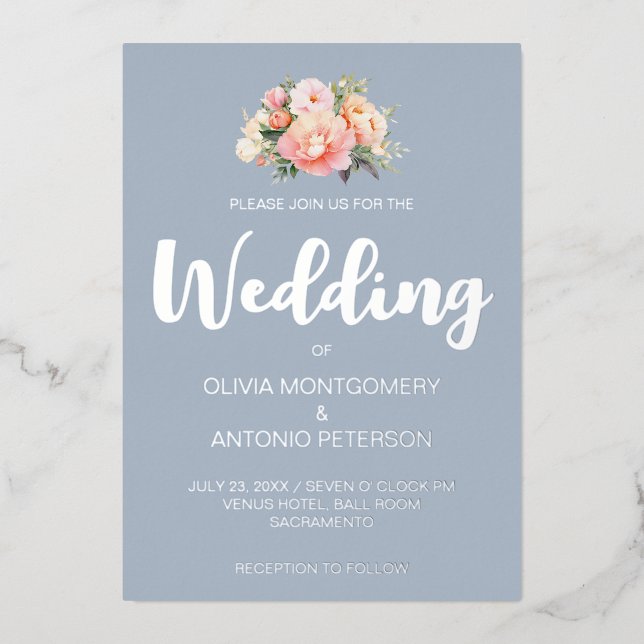 Elegant Modern Silve Pink Peony Dusty Blue Wedding (Front)