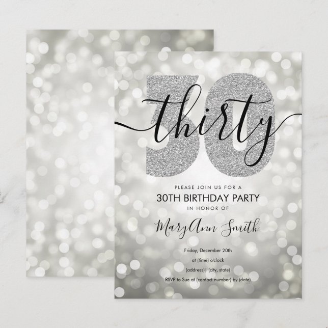 Elegant Modern Silver 30th Birthday Party  Invitation Postcard (Front/Back)