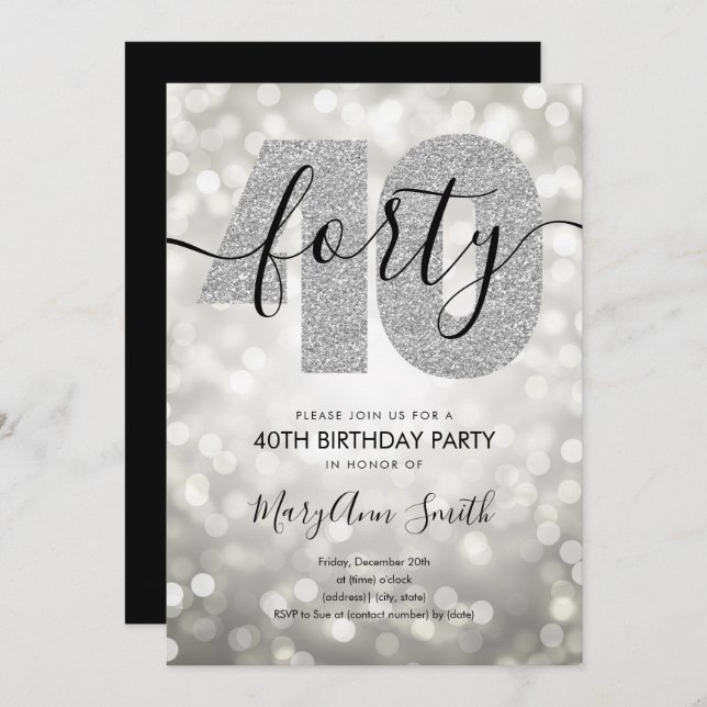 Elegant Modern Silver 40th Birthday Party Invitation (Front/Back)