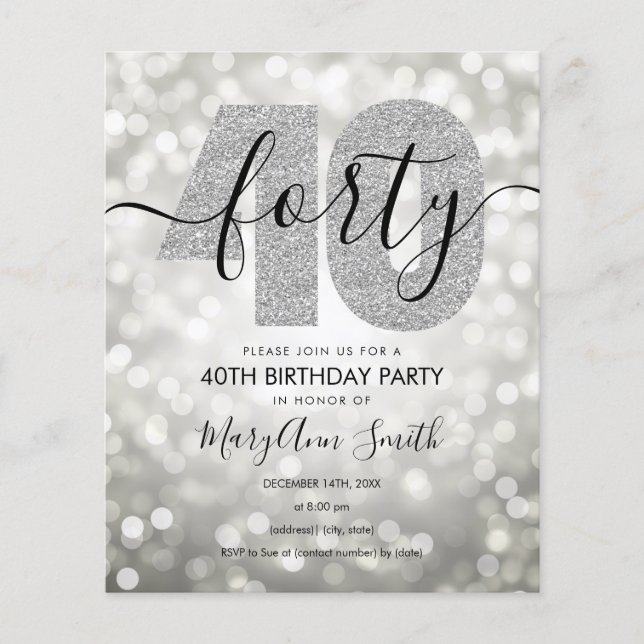 Elegant Modern Silver 40th Birthday Party Invite  Flyer (Front)