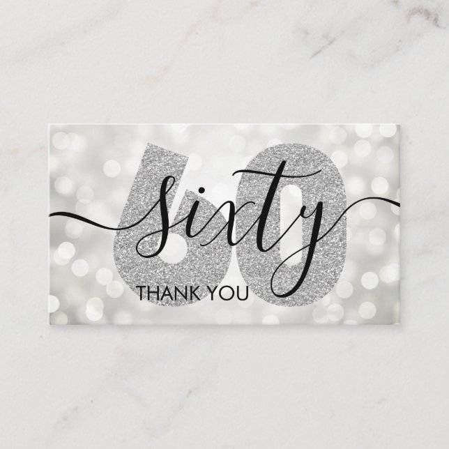 Elegant Modern Silver 60th Birthday Thank You Business Card (Front)
