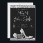 Elegant Modern Silver Black High Heels Birthday Invitation<br><div class="desc">Modern High Heel Shoes Theme Birthday Party Invitation in Elegant and Glam Silver and Black Glitter with Trendy and Current Script Font paired with classic serif block text for the party details. Features a pair of faux glitter effect stiletto pumps resting on a sparkly shiny floor with a bit of...</div>