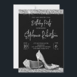 Elegant Modern Silver Black High Heels Birthday Invitation<br><div class="desc">Modern High Heel Shoes Theme Birthday Party Invitation in Elegant and Glam Silver and Black Glitter with Trendy and Current Script Font paired with classic serif block text for the party details. Features a pair of faux glitter effect stiletto pumps resting on a sparkly shiny floor with a bit of...</div>