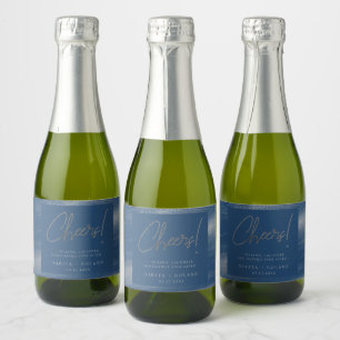 Elegant Modern Silver Cheers Navy Blue Sparkling Wine Label