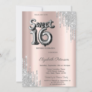 Elegant Modern Silver Drips Balloon Sweet 16 Invitation