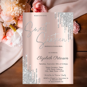Elegant Modern Silver Drips Sweet 16 Invitation