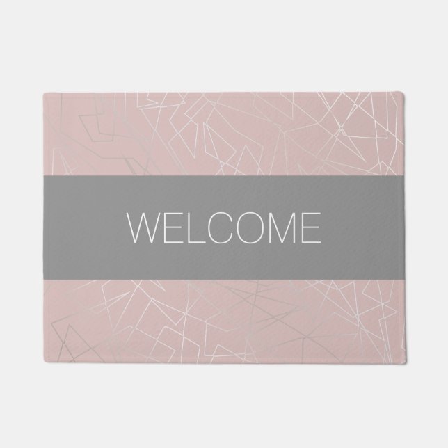 Elegant modern silver geometric triangles pink doormat (Front)