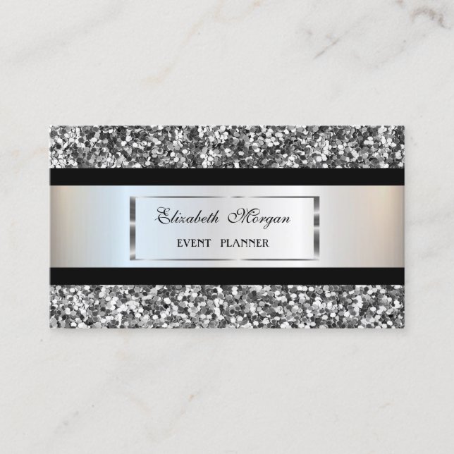 Elegant  Modern,Silver  Glitter Frame,Black Stripe Business Card (Front)