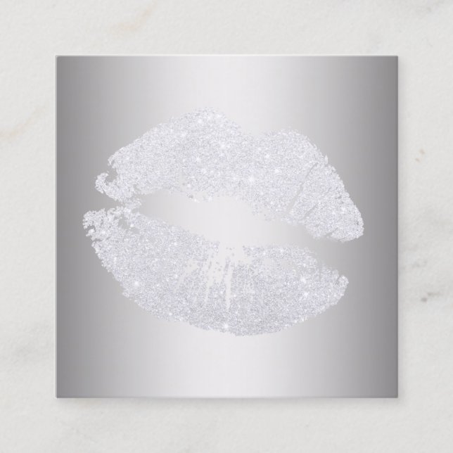 Elegant modern silver glitter lips makeup artist square business card (Front)