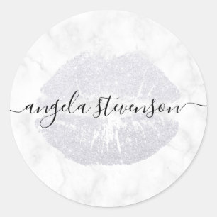 Elegant modern silver glitter lips white marble classic round sticker