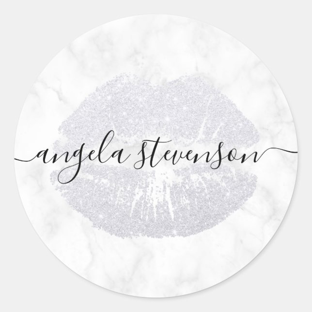 Elegant modern silver glitter lips white marble classic round sticker (Front)