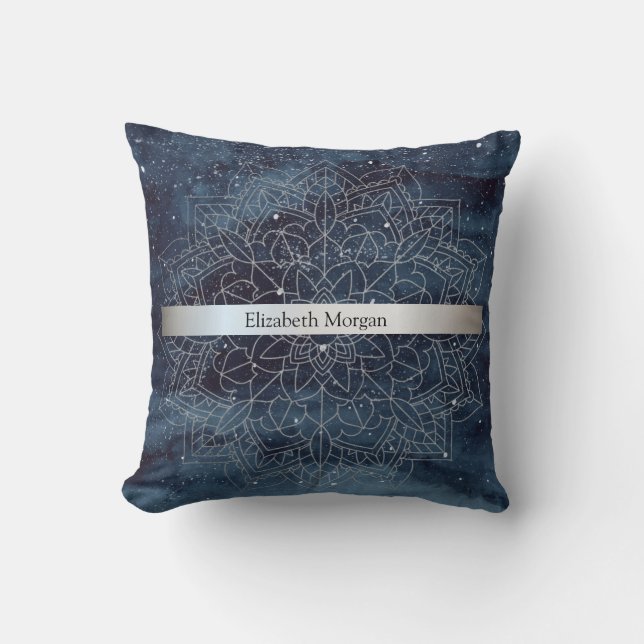 Elegant Modern Silver Mandala Stripe Navy Blue Cushion (Front)