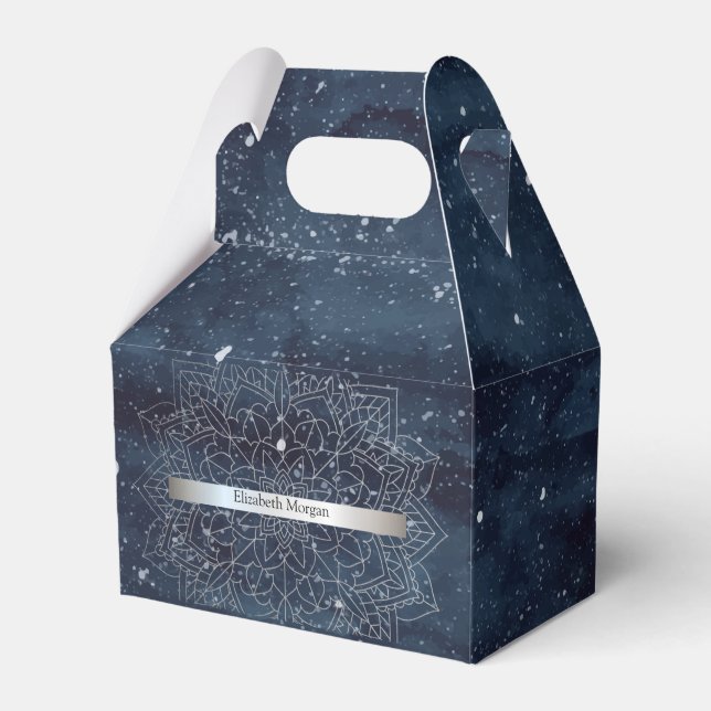 Elegant Modern Silver Mandala Stripe Navy Blue Favour Box (Front Side)