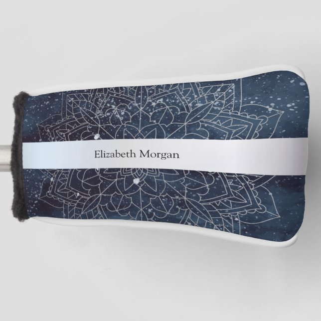 Elegant Modern Silver Mandala Stripe Navy Blue Golf Head Cover (Front)