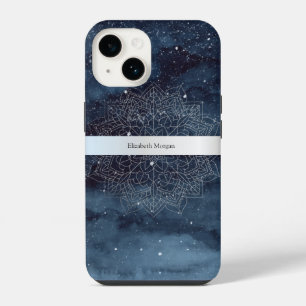 Elegant Modern Silver Mandala Stripe Navy Blue iPhone 14 Case