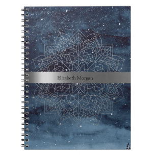Elegant Modern Silver Mandala Stripe Navy Blue Notebook