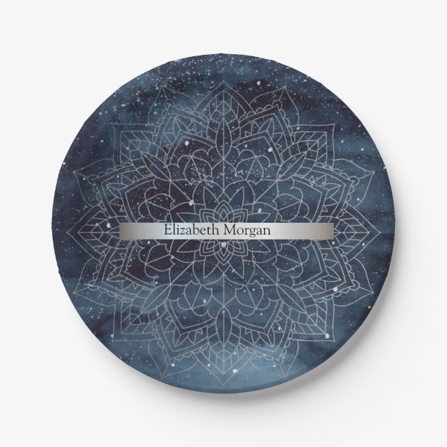Elegant Modern Silver Mandala Stripe Navy Blue Paper Plate (Front)