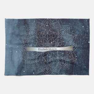 Elegant Modern Silver Mandala Stripe Navy Blue Tea Towel