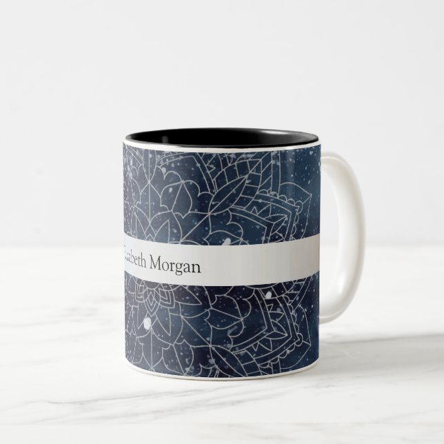 Elegant Modern Silver Mandala Stripe Navy Blue Two-Tone Coffee Mug (Front Right)