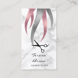 Elegant modern silver & pink scissors hairstylist business card