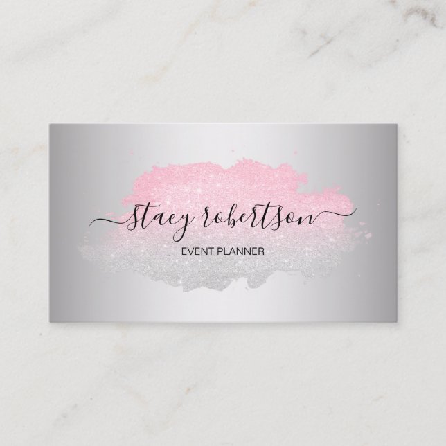 Elegant modern silver & rose gold glitter planner business card (Front)