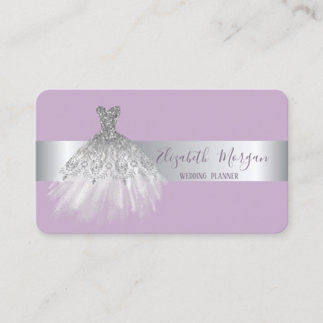 Elegant Modern Silver Stripe Glitter Dress Violet Business Card (Front)