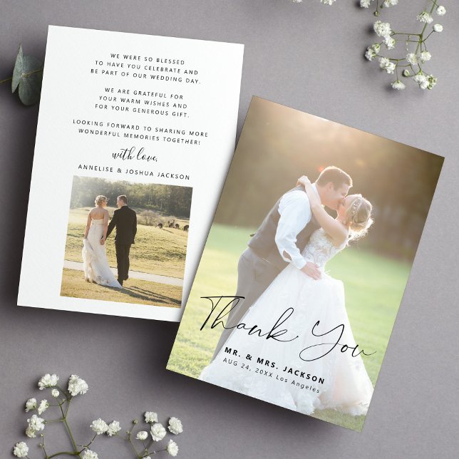 Elegant modern simple script 2 photos wedding thank you card (Creator Uploaded)