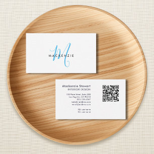 Elegant Modern Sky Blue Script Monogram QR Code Business Card