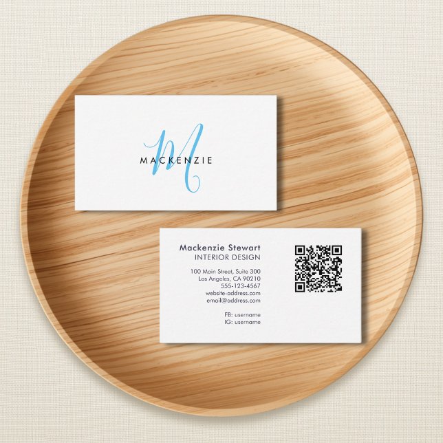 Elegant Modern Sky Blue Script Monogram QR Code Business Card (Creator Uploaded)