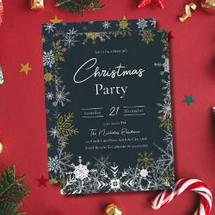 Elegant Modern Snowflake Dark Navy Christmas Party Invitation