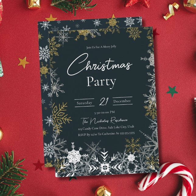 Elegant Modern Snowflake Dark Navy Christmas Party Invitation (Creator Uploaded)