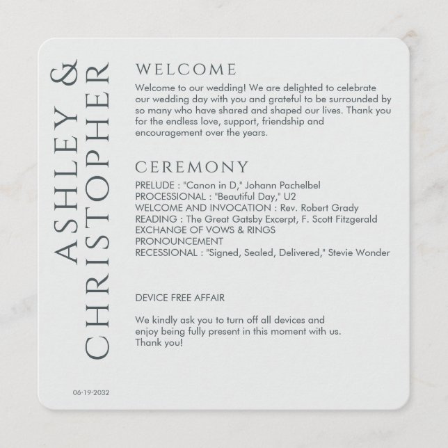 Elegant Modern Space Grey Wedding Program (Front)