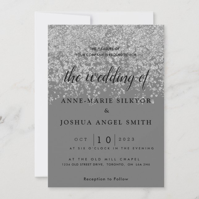 Elegant Modern Sparkling Silver Gray Wedding Invitation (Front)