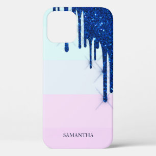 Elegant Modern Striped,Blue Glitter Drips  iPhone 12 Case